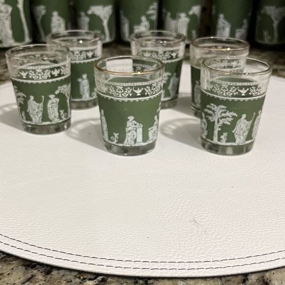 Wedgwood Grecian Hellenic Green and White Decorative Shot Glass Set (6) 1950-60 - Picture 1 of 5
